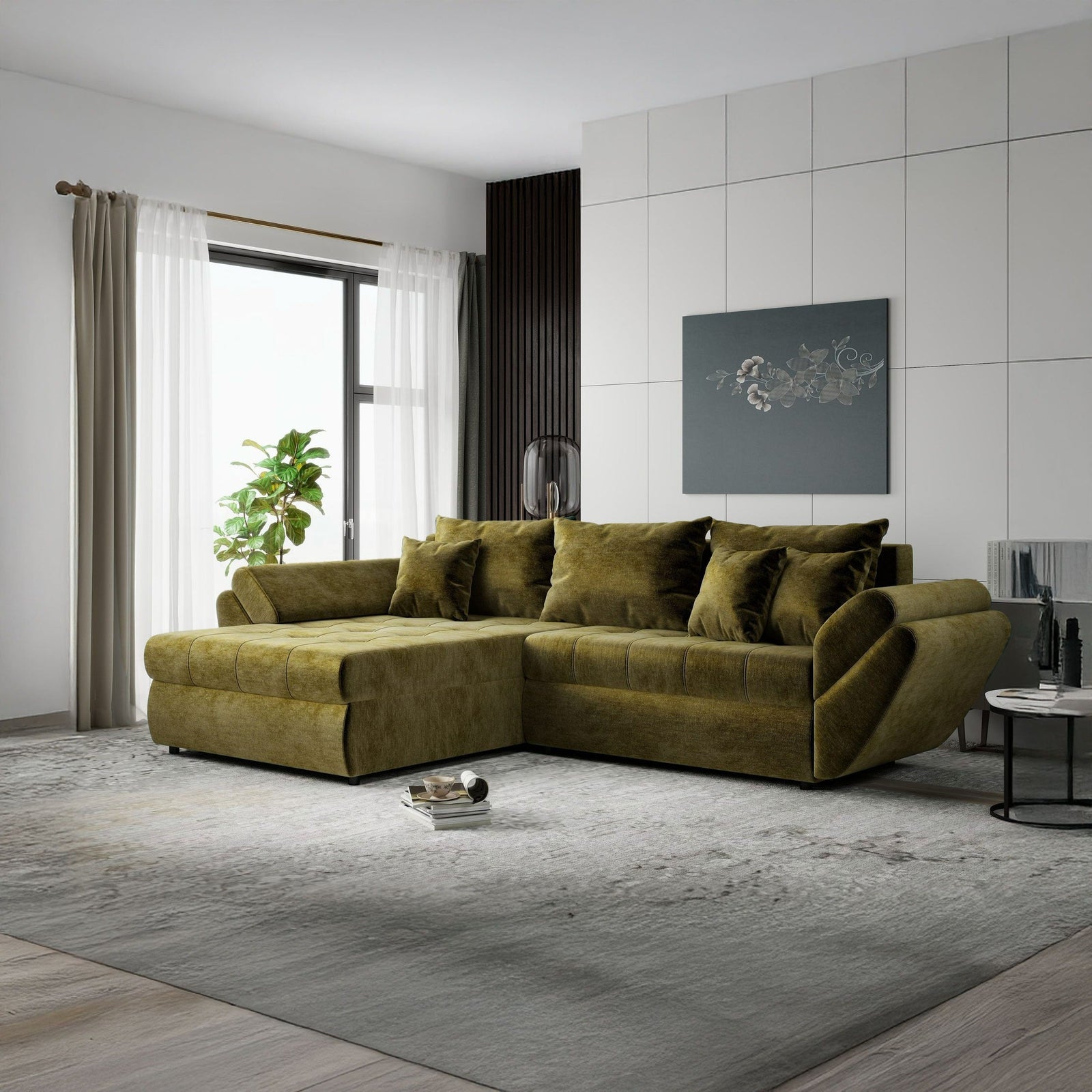 Colțar extensibil dumonde cu ladă de depozitare Loana Monolith Verde olive 270x185 cm