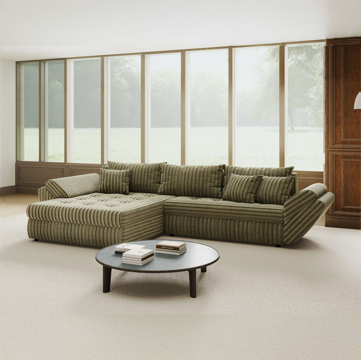 Colțar extensibil dumonde cu ladă de depozitare Loana Tilia Verde olive 270x185 cm