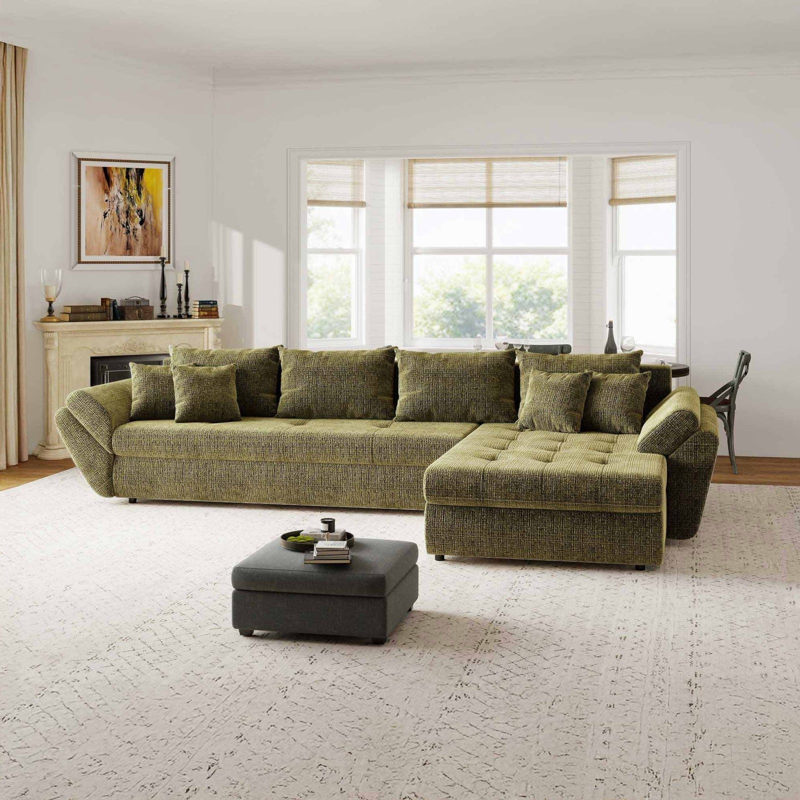 Colțar extensibil dumonde cu ladă de depozitare Loana XL Cremona Olive II 335x185 cm