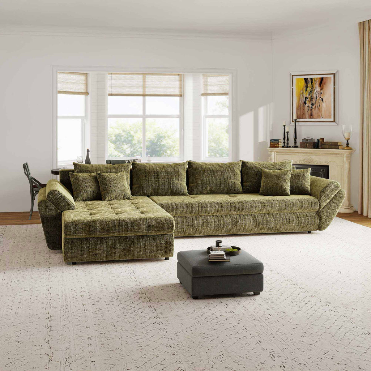 Colțar extensibil dumonde cu ladă de depozitare Loana XL Cremona Olive 335x185 cm