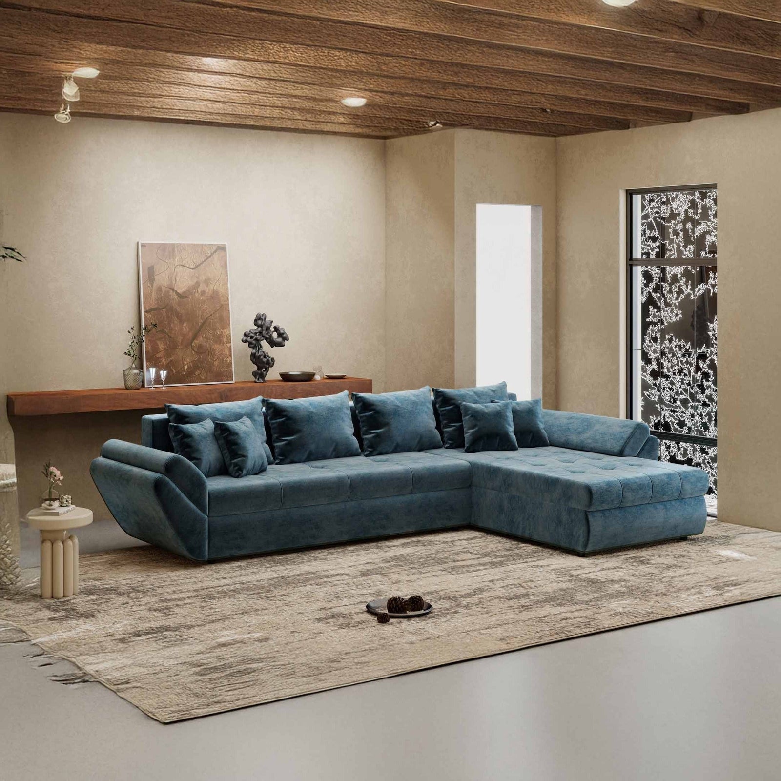 Colțar extensibil dumonde cu ladă de depozitare Loana XL Monolith Albastru II 335x185 cm