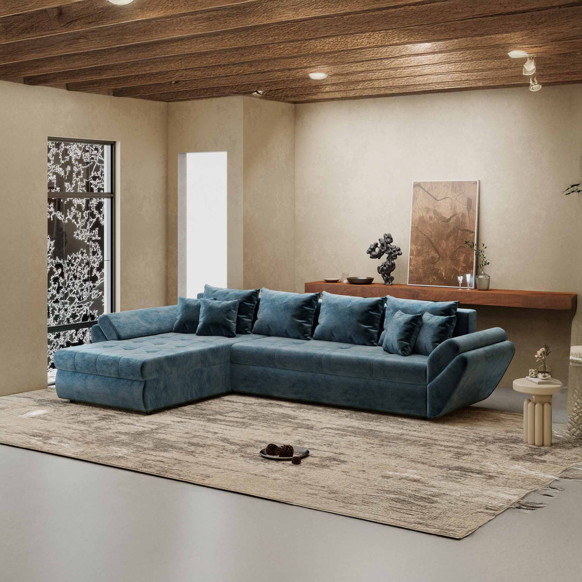 Colțar extensibil dumonde cu ladă de depozitare Loana XL Monolith Albastru 335x185 cm