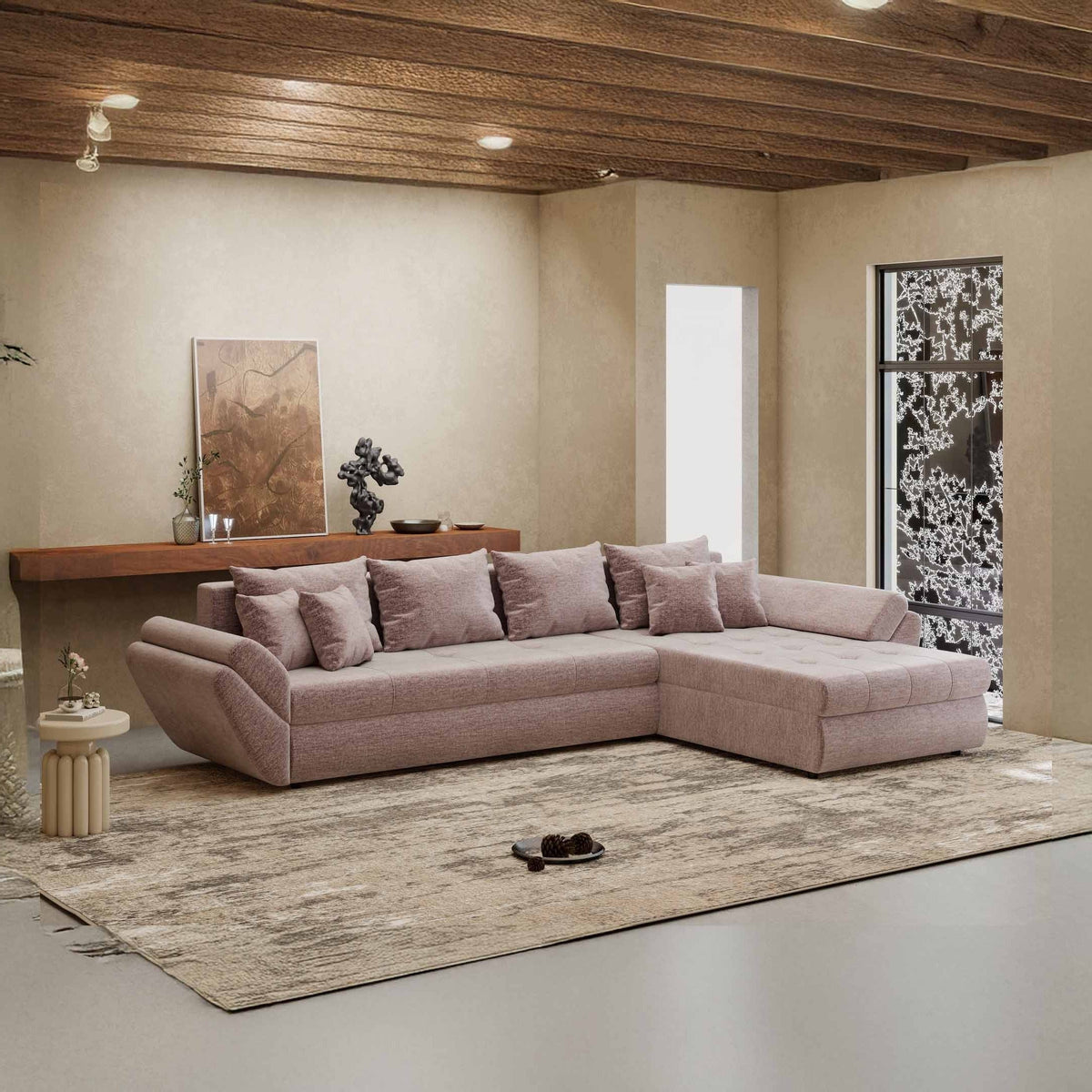 Colțar extensibil dumonde cu ladă de depozitare Loana XL Monolith Roz Pudrat II 335x185 cm