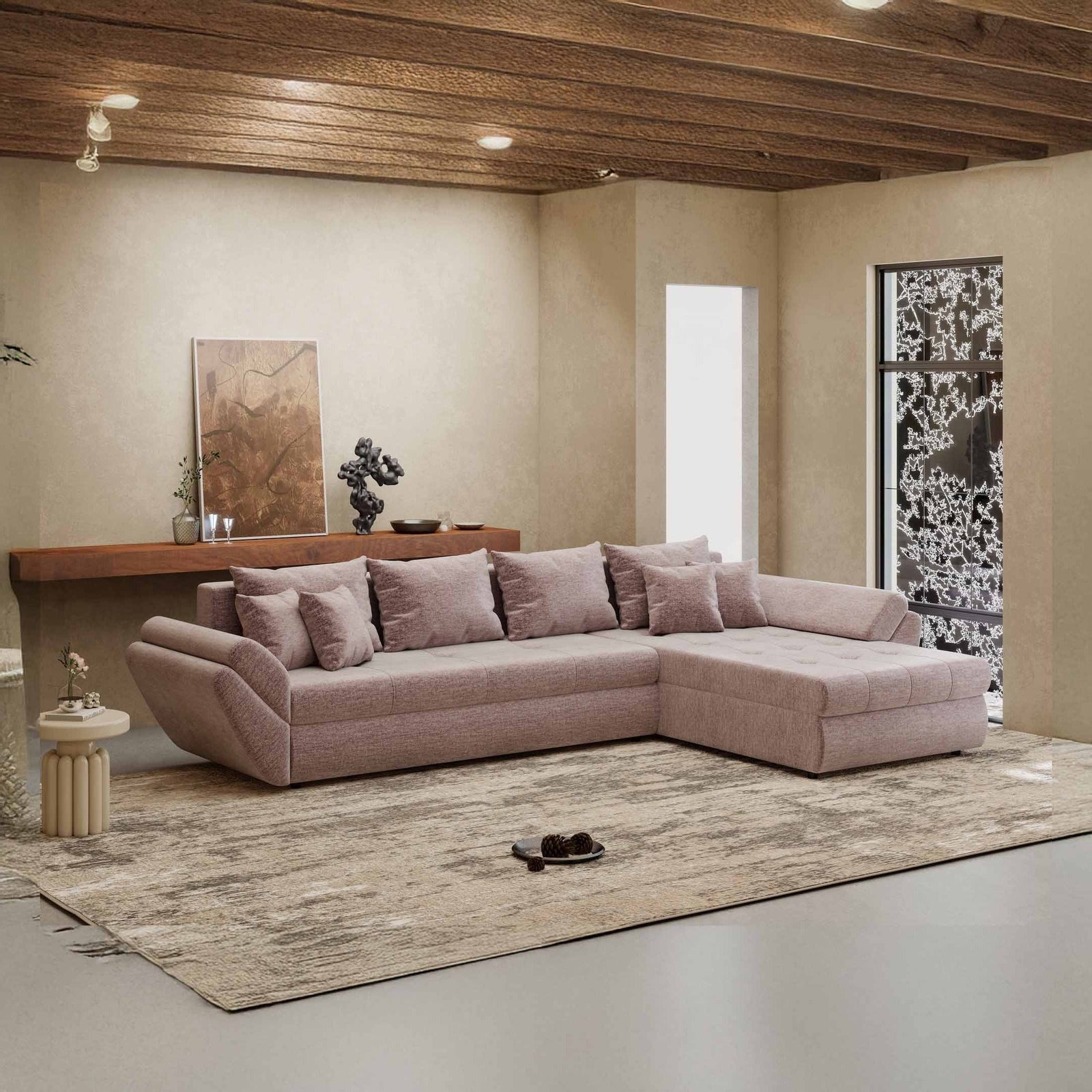 Colțar extensibil dumonde cu ladă de depozitare Loana XL Monolith Roz Pudrat II 335x185 cm