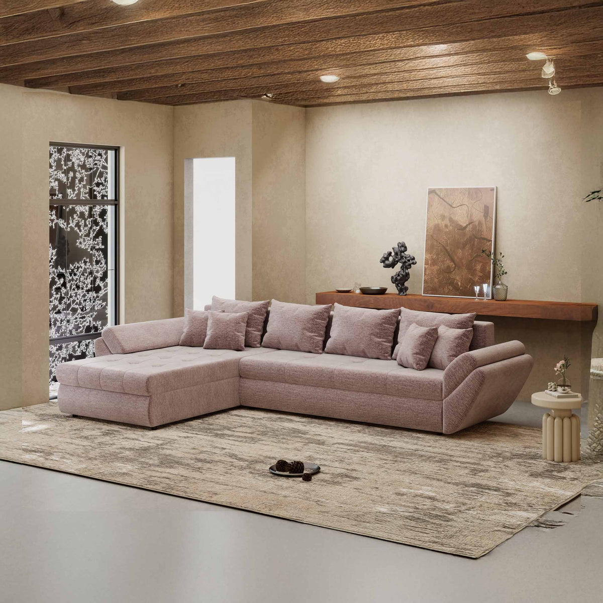 Colțar extensibil dumonde cu ladă de depozitare Loana XL Monolith Roz Pudrat 335x185 cm