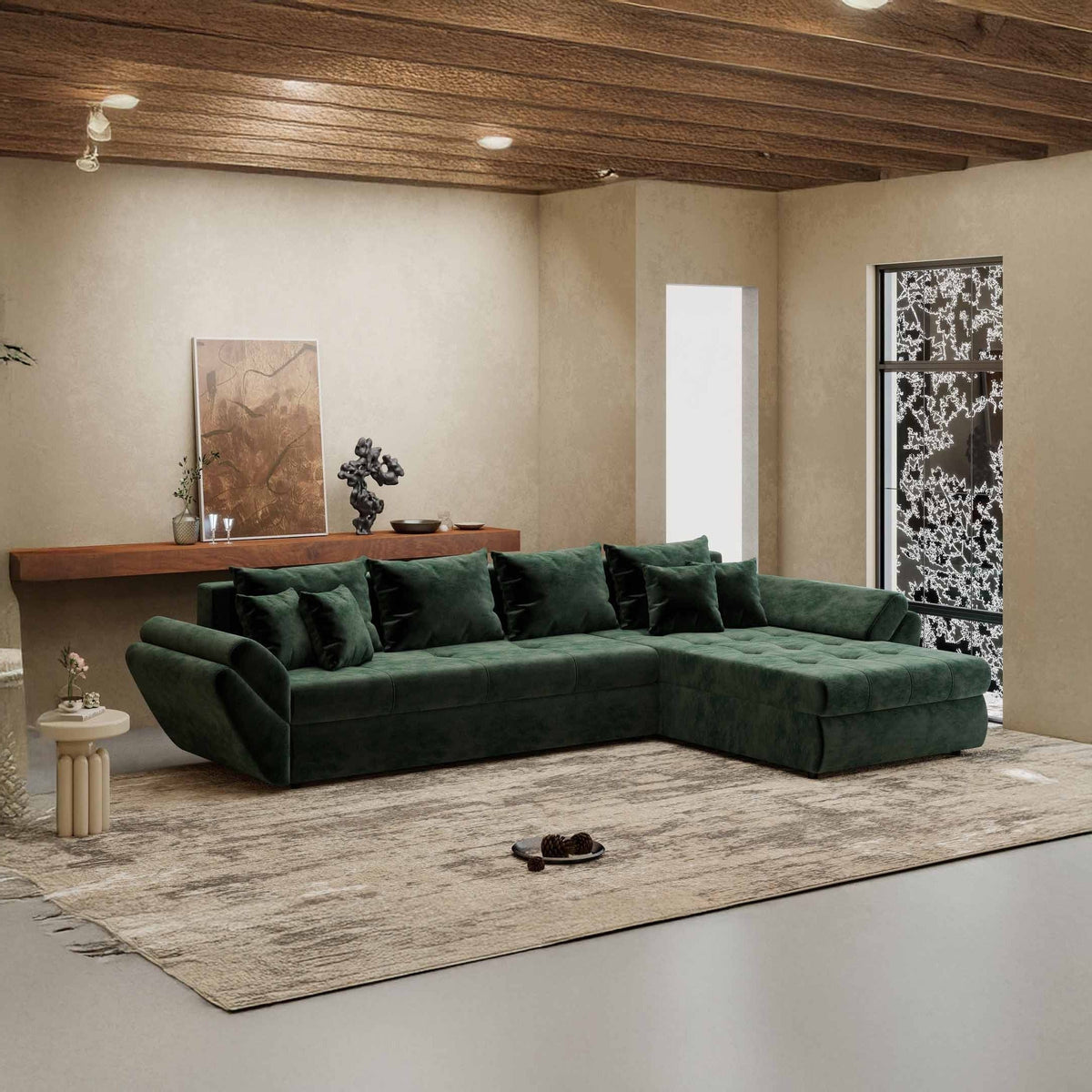 Colțar extensibil dumonde cu ladă de depozitare Loana XL Monolith Verde II 335x185 cm