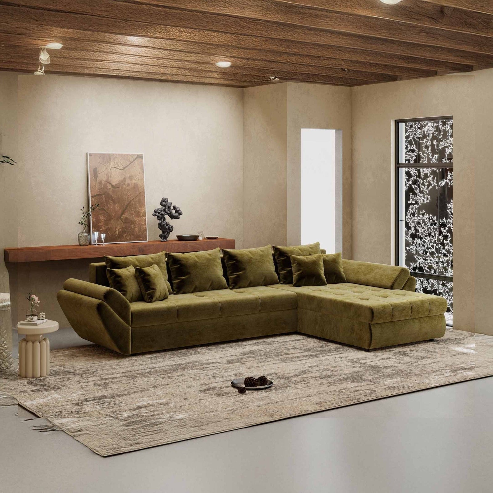 Colțar extensibil dumonde cu ladă de depozitare Loana XL Monolith Verde Olive II 335x185 cm