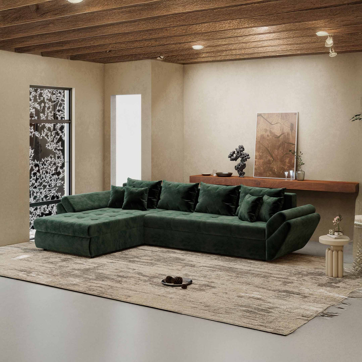 Colțar extensibil dumonde cu ladă de depozitare Loana XL Monolith Verde 335x185 cm