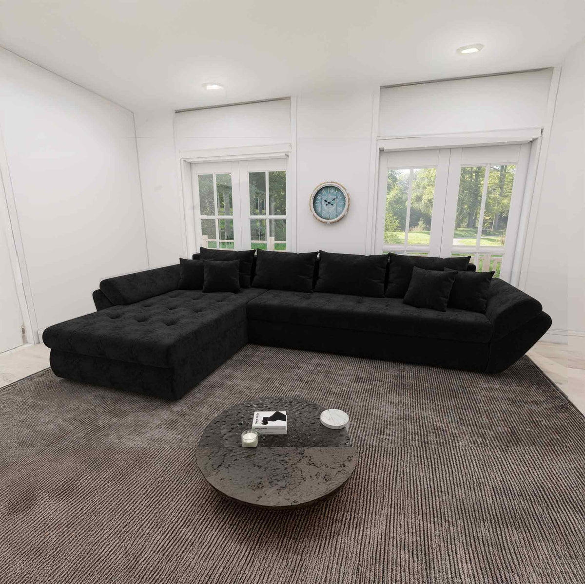 Colțar extensibil dumonde cu ladă de depozitare Loana XL Monte Negru 335x185 cm
