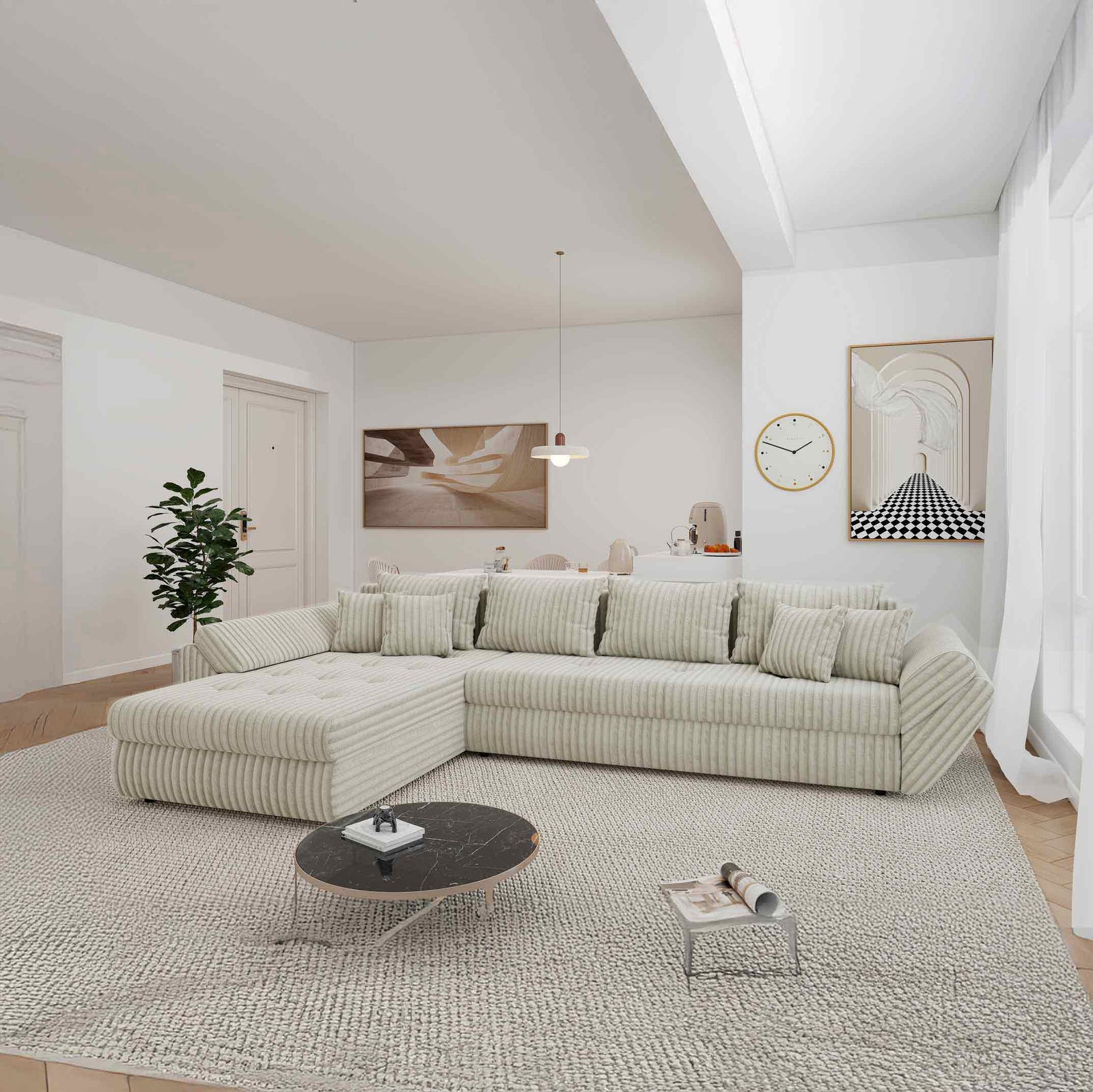 Colțar extensibil dumonde cu ladă de depozitare Loana XL Tilia Gri- Bej 335x185 cm
