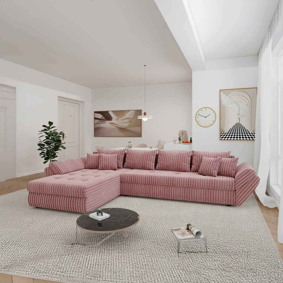 Colțar extensibil dumonde cu ladă de depozitare Loana XL Tilia Roz Pudrat 335x185 cm