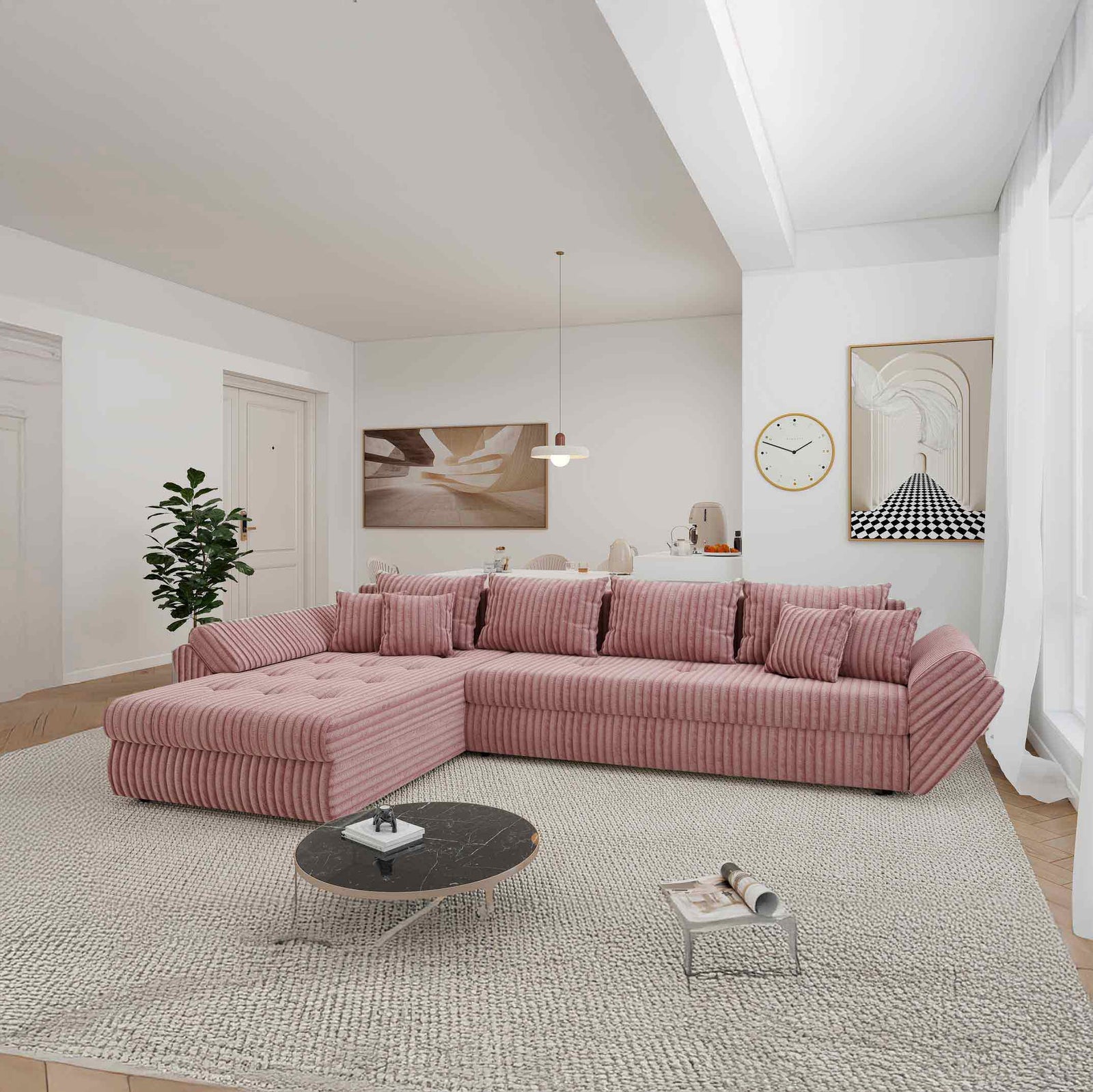 Colțar extensibil dumonde cu ladă de depozitare Loana XL Tilia Roz Pudrat 335x185 cm