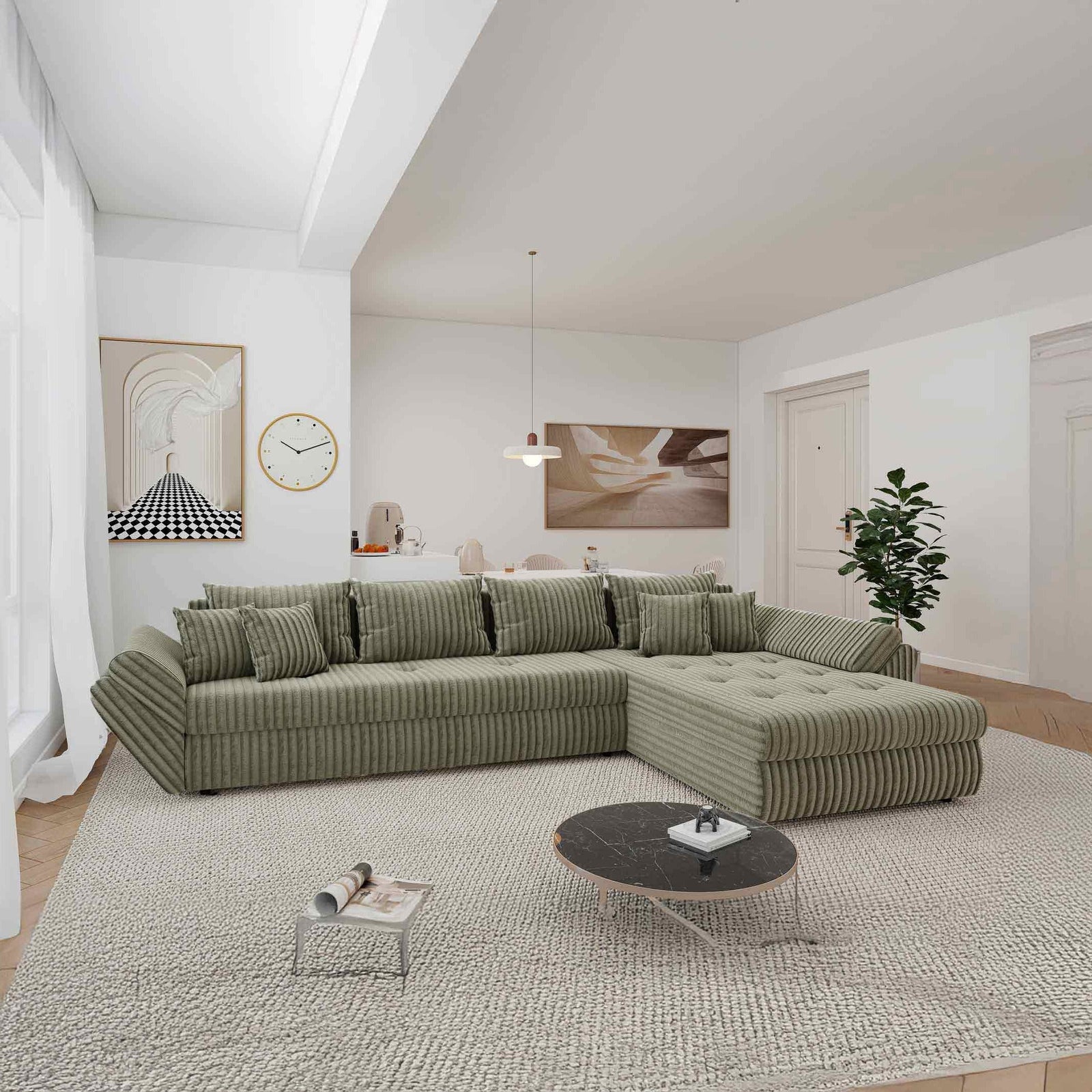 Colțar extensibil dumonde cu ladă de depozitare Loana XL Tilia Verde Olive II 335x185 cm