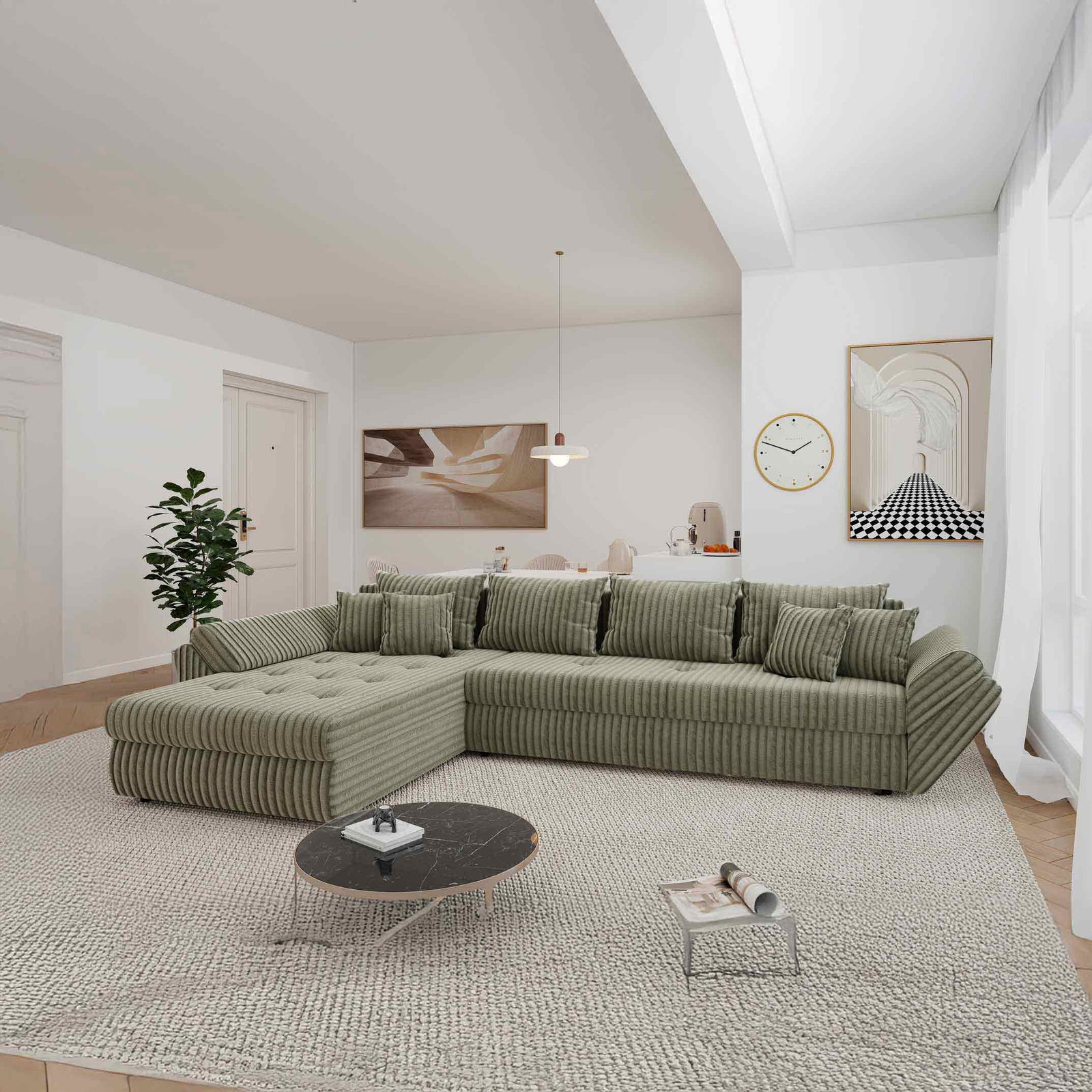 Colțar extensibil dumonde cu ladă de depozitare Loana XL Tilia Verde Olive 335x185 cm