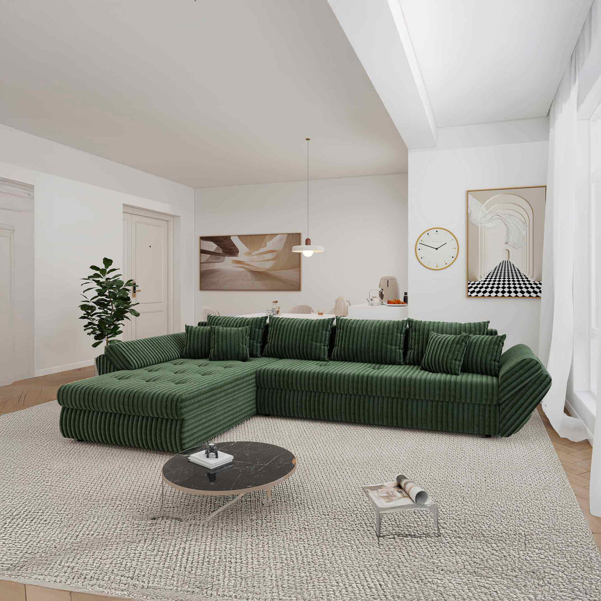 Colțar extensibil dumonde cu ladă de depozitare Loana XL Tilia Verde 335x185 cm