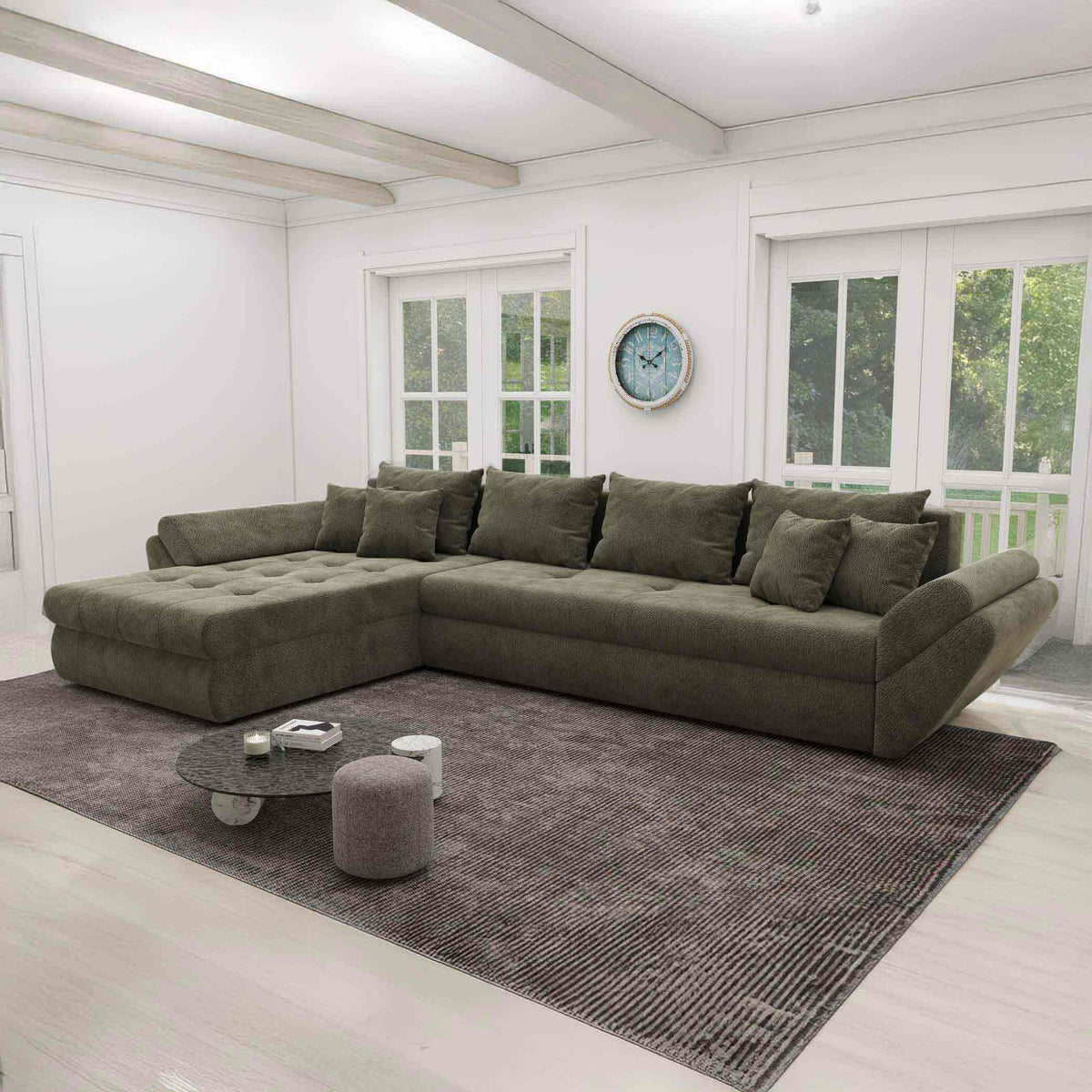 Colțar extensibil dumonde cu ladă de depozitare Loana XL Vibe Olive 335x185 cm