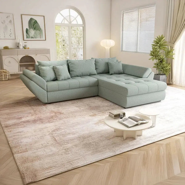 Colțar extensibil dumonde cu ladă de depozitare si sezut confortabil din spuma HR, Loana Enjoy Mint II 270x185 cm Fabrica