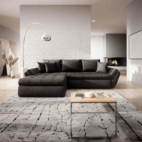 Colțar extensibil dumonde cu ladă de depozitare si sezut confortabil din spuma HR, Loana Deep Black 270x185 cm Fabrica