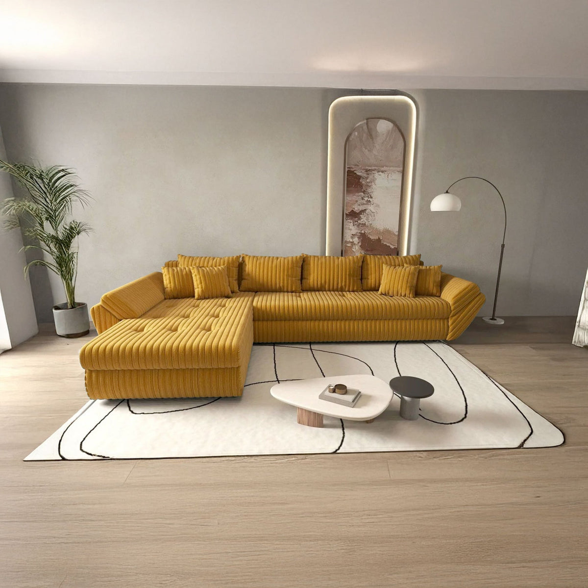 Colțar extensibil dumonde cu ladă de depozitare si sezut confortabil din spuma HR, Loana XL Zoom Mustar 335x185 cm Fabrica