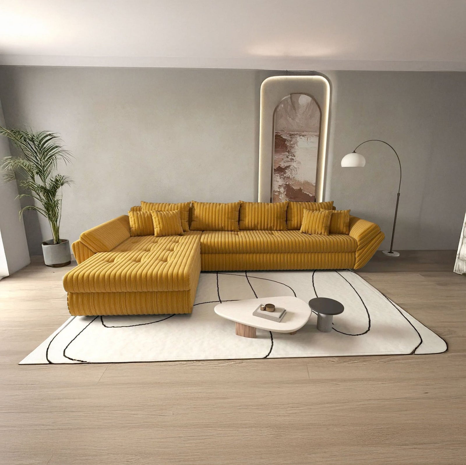 Colțar extensibil dumonde cu ladă de depozitare si sezut confortabil din spuma HR, Loana XL Zoom Mustar 335x185 cm Fabrica