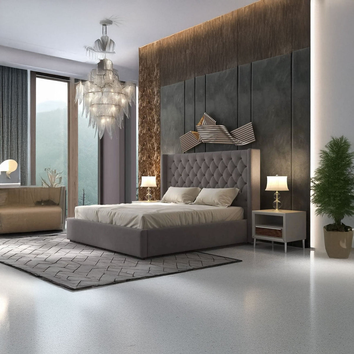 Pat dormitor dumonde, tapitat gri, Luxury 160x200 cm, somiera rabatabila inclusa, spatiu depozitare LFG