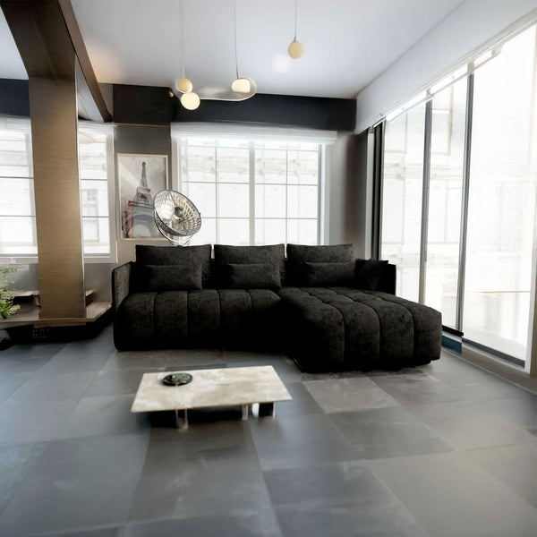 Colțar extensibil dumonde cu ladă de depozitare si sezut confortabil din spuma HR, Malta Enjoy Black II 235x185 cm Fabrica