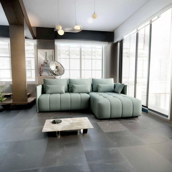 Colțar extensibil dumonde cu ladă de depozitare si sezut confortabil din spuma HR, Malta Enjoy Mint II 235x185 cm Fabrica