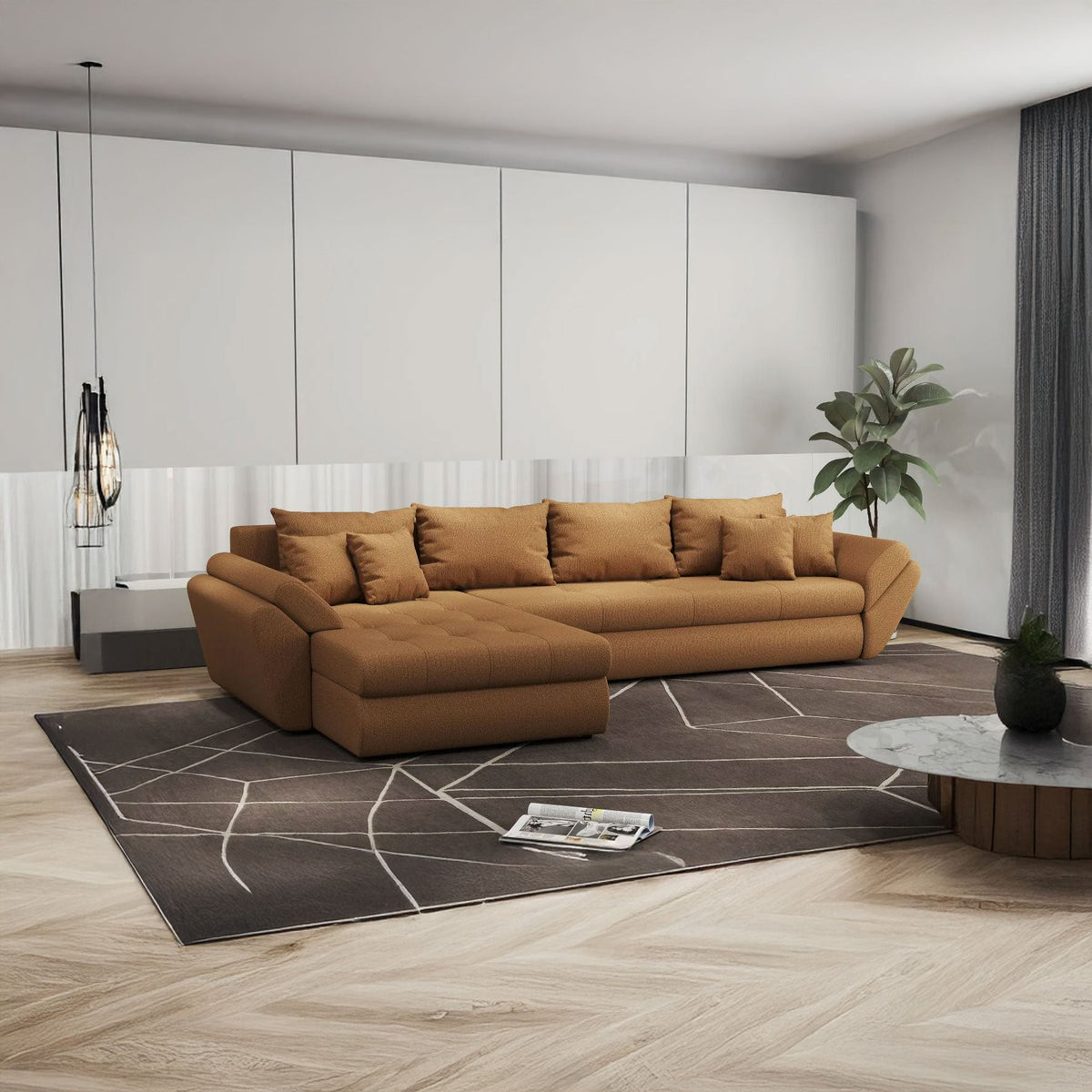 Colțar extensibil dumonde cu ladă de depozitare si sezut confortabil din spuma HR, Loana XL Enjoy Mango 335x185 cm Fabrica