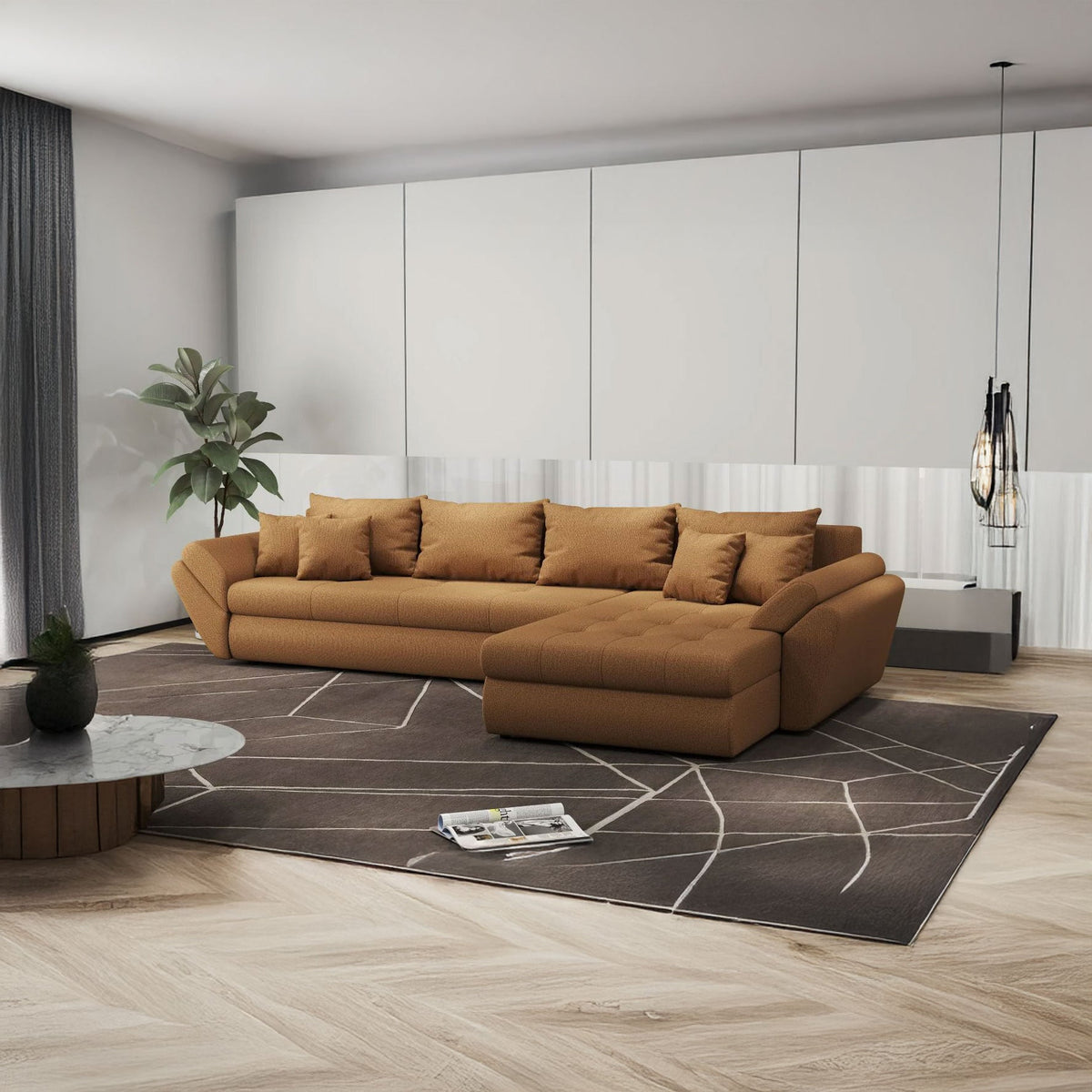 Colțar extensibil dumonde cu ladă de depozitare si sezut confortabil din spuma HR, Loana XL Enjoy Mango II 335x185 cm Fabrica
