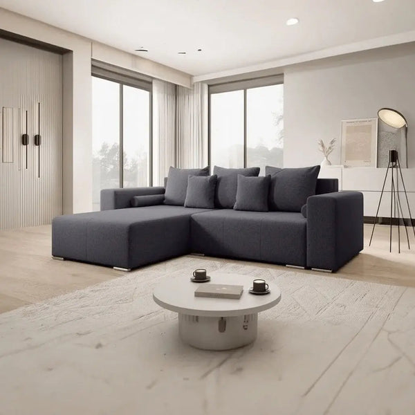 Colțar extensibil dumonde cu ladă de depozitare si sezut confortabil din spuma HR, Marbela Grafit 275x185 cm Fabrica