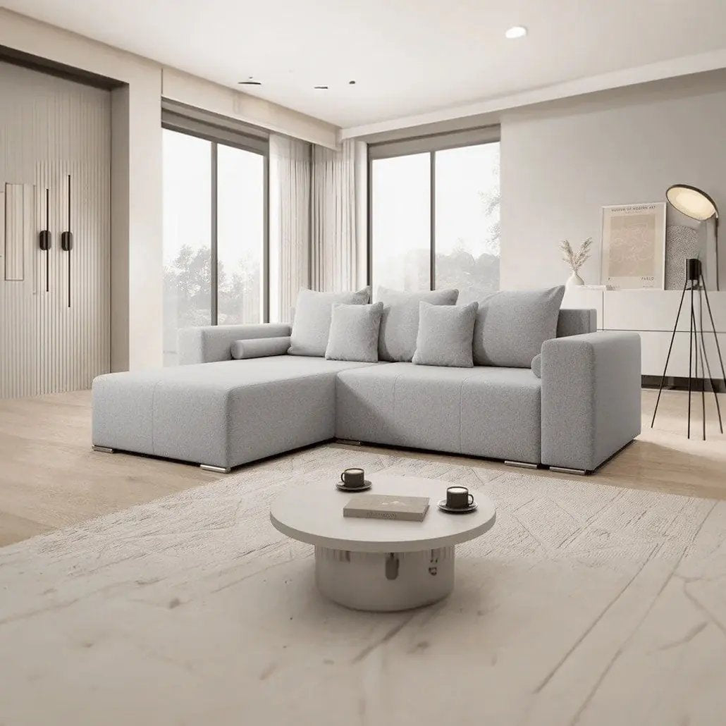 Colțar extensibil dumonde cu ladă de depozitare si sezut confortabil din spuma HR, Marbela Grey 275x185 cm Fabrica
