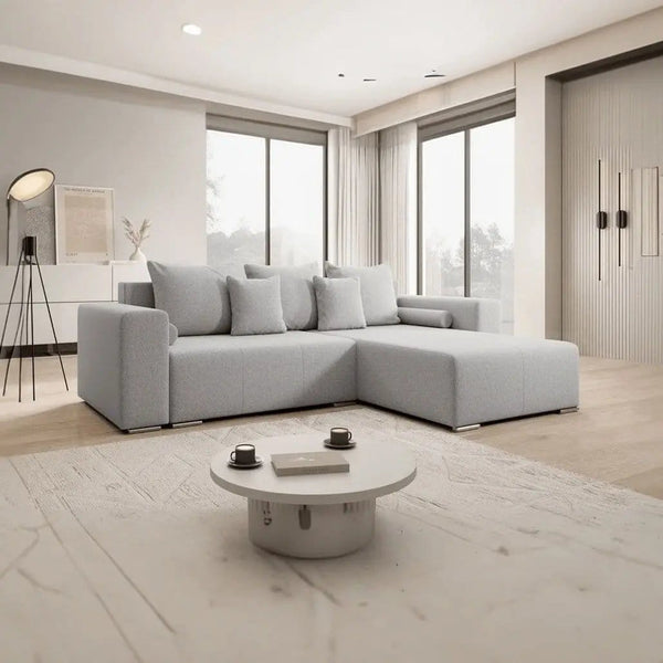 Colțar extensibil dumonde cu ladă de depozitare si sezut confortabil din spuma HR, Marbela Grey II 275x185 cm Fabrica