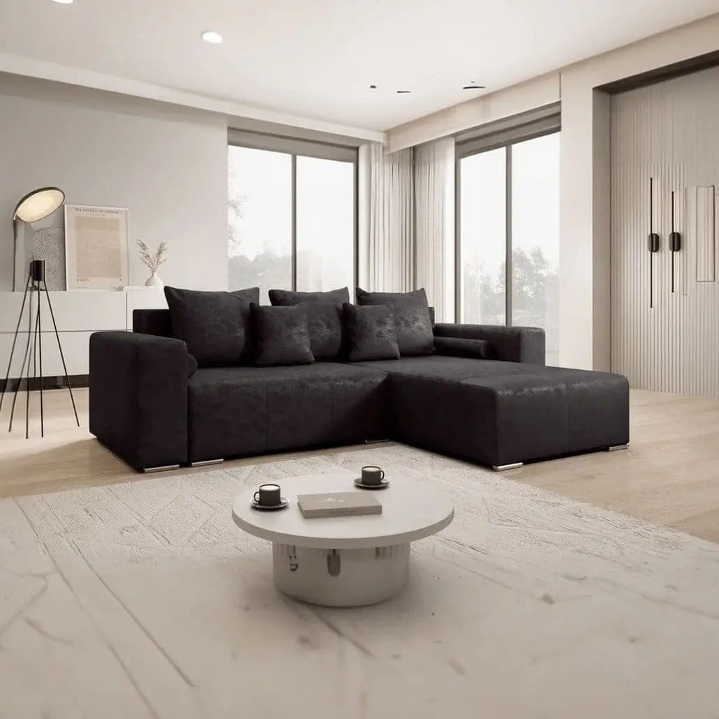 Colțar extensibil dumonde cu ladă de depozitare si sezut confortabil din spuma HR, Marbela Antracit II 275x185 cm Fabrica