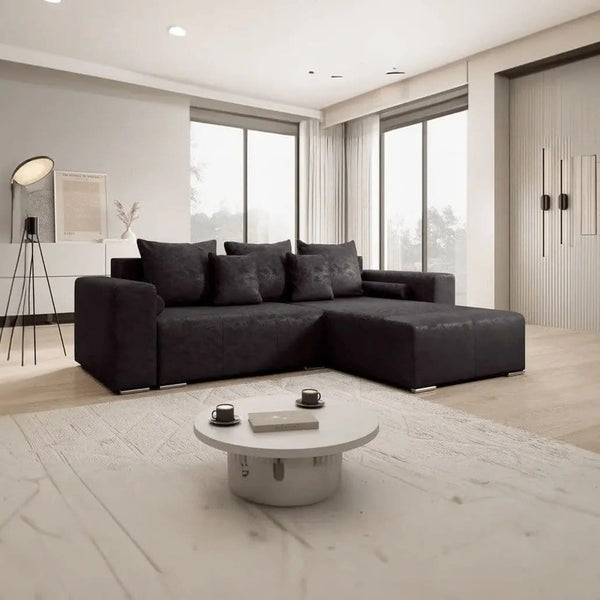 Colțar extensibil dumonde cu ladă de depozitare si sezut confortabil din spuma HR, Marbela Antracit II 275x185 cm Fabrica