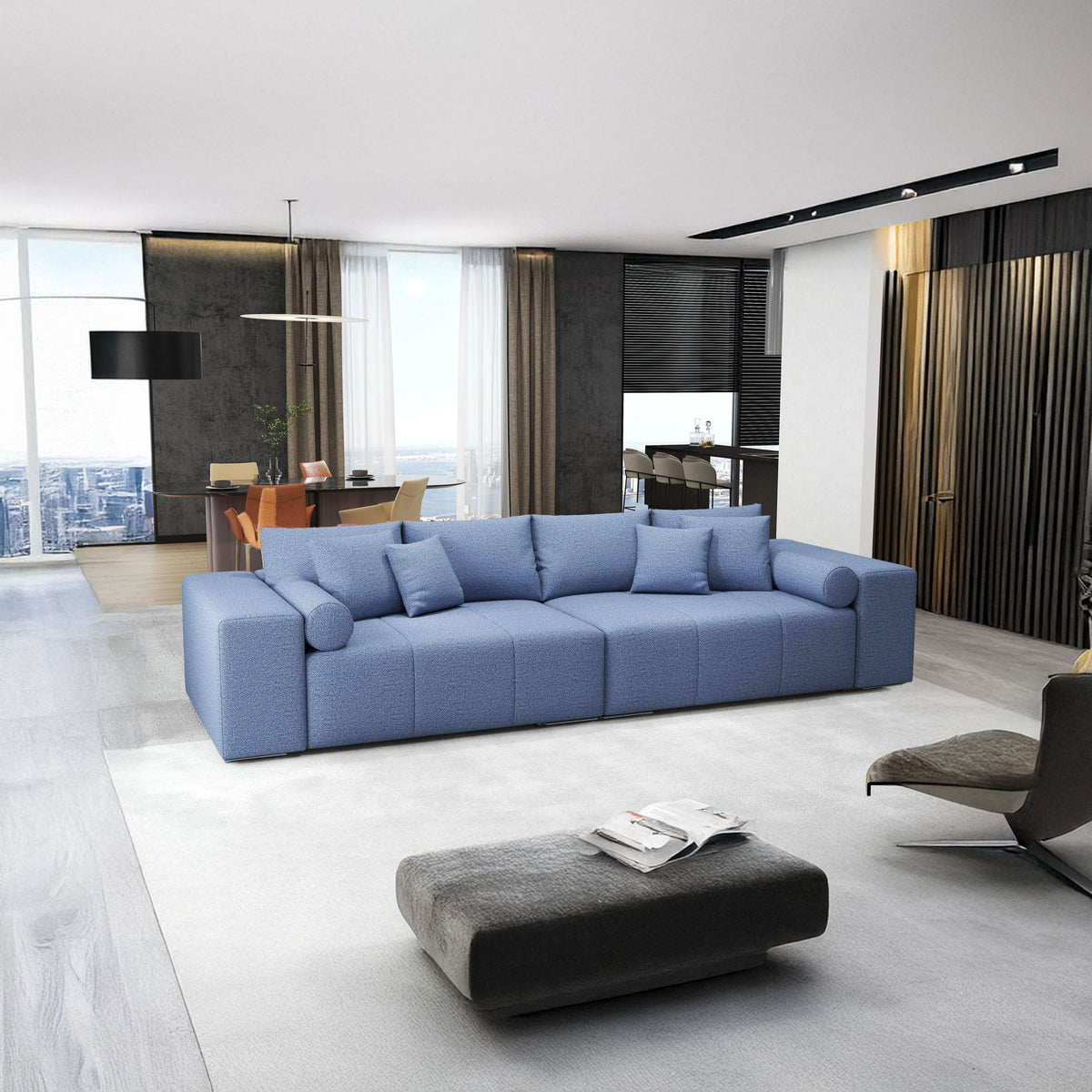 Canapea extensibilă dumonde cu ladă de depozitare si sezut confortabil din spuma HR, Marbela Enjoy Blue XXL 295x100 cm fabrica
