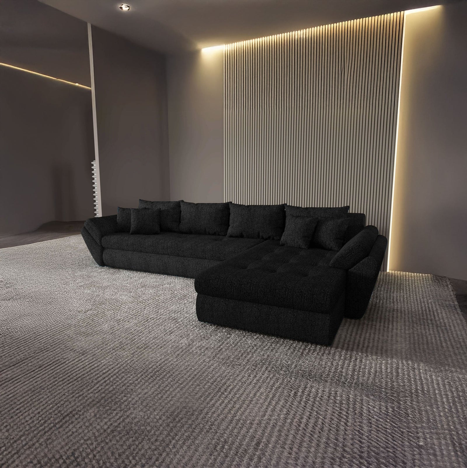 Colțar extensibil dumonde cu ladă de depozitare si sezut confortabil din spuma HR, Loana XL Enjoy Negru II 335x185 cm Fabrica