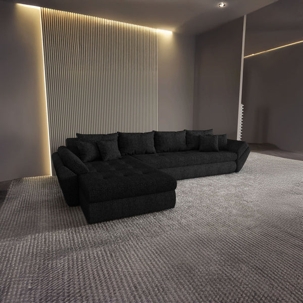 Colțar extensibil dumonde cu ladă de depozitare si sezut confortabil din spuma HR, Loana XL Enjoy Negru 335x185 cm Fabrica