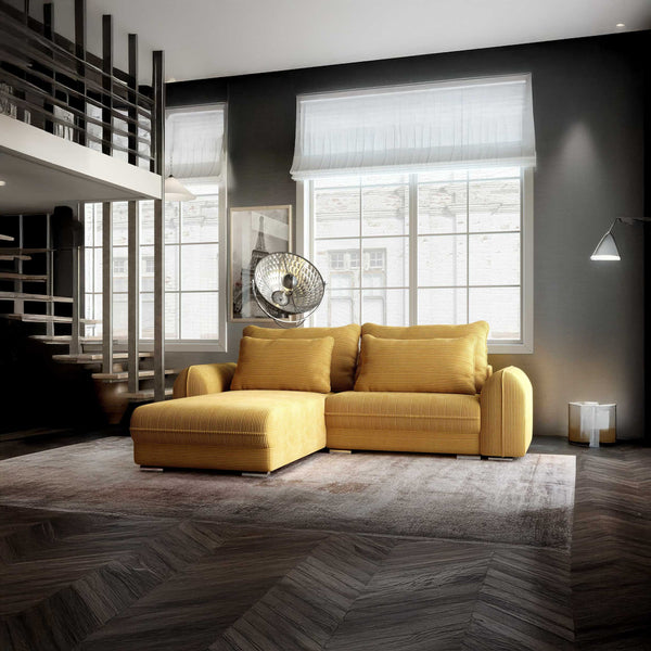 Colțar extensibil dumonde cu ladă de depozitare si sezut confortabil din spuma HR, Denver Zoom Mustar 275x185 cm Fabrica