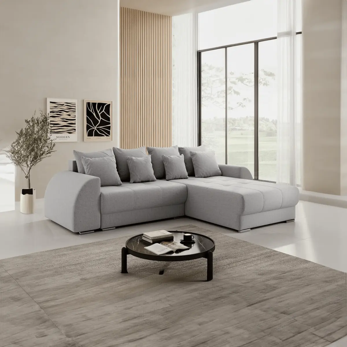 Colțar extensibil dumonde cu ladă de depozitare si sezut confortabil din spuma HR, Verona Enjoy Silver II 290x185 cm Fabrica