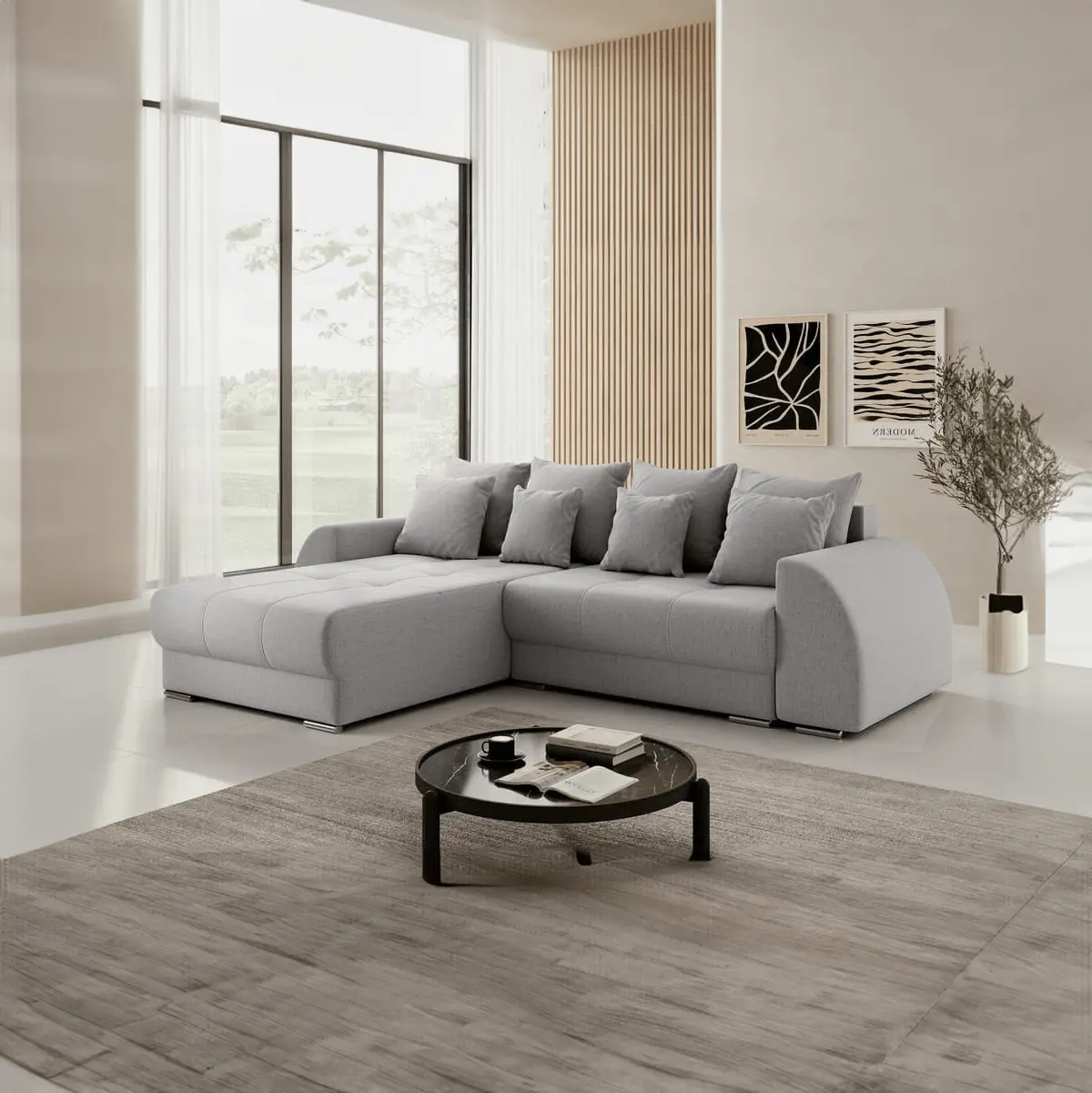 Colțar extensibil dumonde cu ladă de depozitare si sezut confortabil din spuma HR, Verona Enjoy Silver 290x185 cm Fabrica