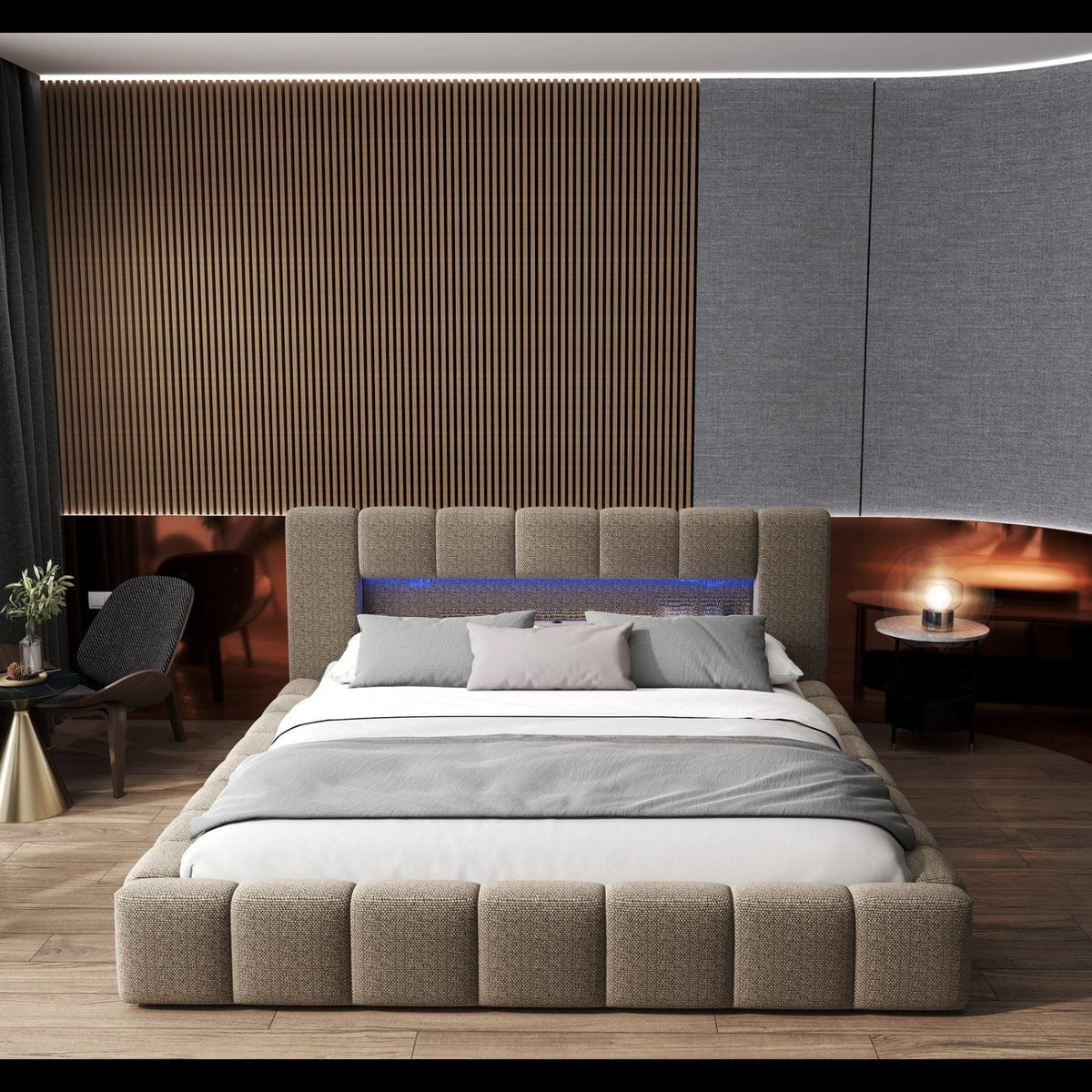 Pat dormitor dumonde, tapitat bej cu LED si USB, Palermo 160x200 cm, somiera rabatabila inclusa, spatiu depozitare