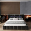 Pat dormitor dumonde, tapitat gri cu LED si USB, Palermo 180x200 cm, somiera rabatabila inclusa, spatiu depozitare