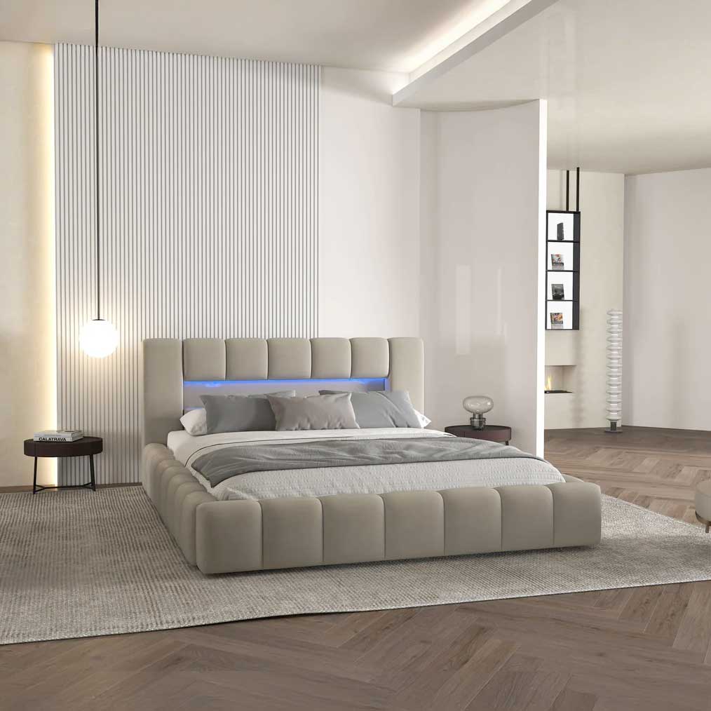 Pat dormitor dumonde, tapitat bej cu LED si USB, Palermo 180x200 cm, somiera rabatabila inclusa, spatiu depozitare