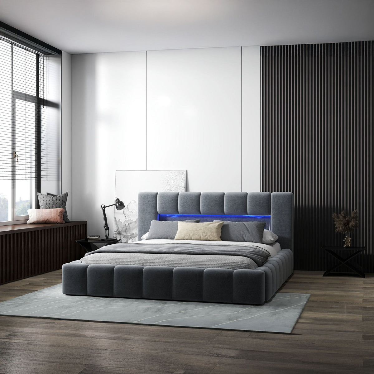 Pat dormitor dumonde, tapitat gri cu LED si USB, Palermo 140x200 cm, somiera rabatabila inclusa, spatiu depozitare WLS