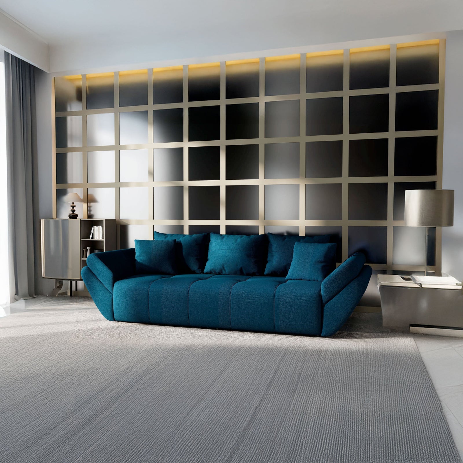 Canapea extensibilă dumonde cu ladă de depozitare si sezut confortabil din spuma HR, Berlin Enjoy Petrol 250x100 cm Fabrica