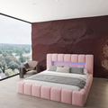 Pat dormitor dumonde, tapitat roz cu LED si USB, Palermo 160x200 cm, somiera rabatabila inclusa, spatiu depozitare