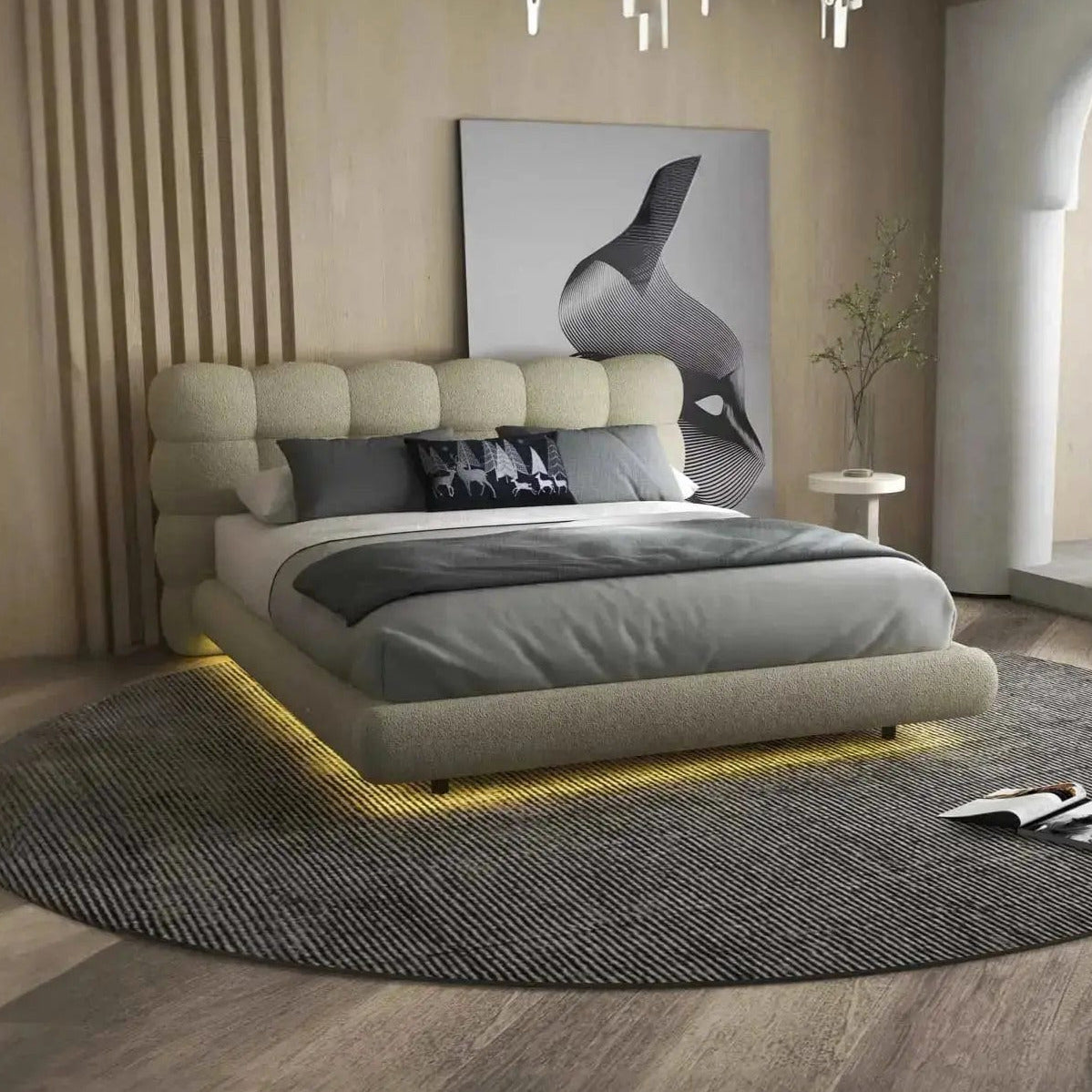 Pat dormitor dumonde, tapitat bej cu LED, "floating bed" Cloud 180x200 cm, somiera inclusa