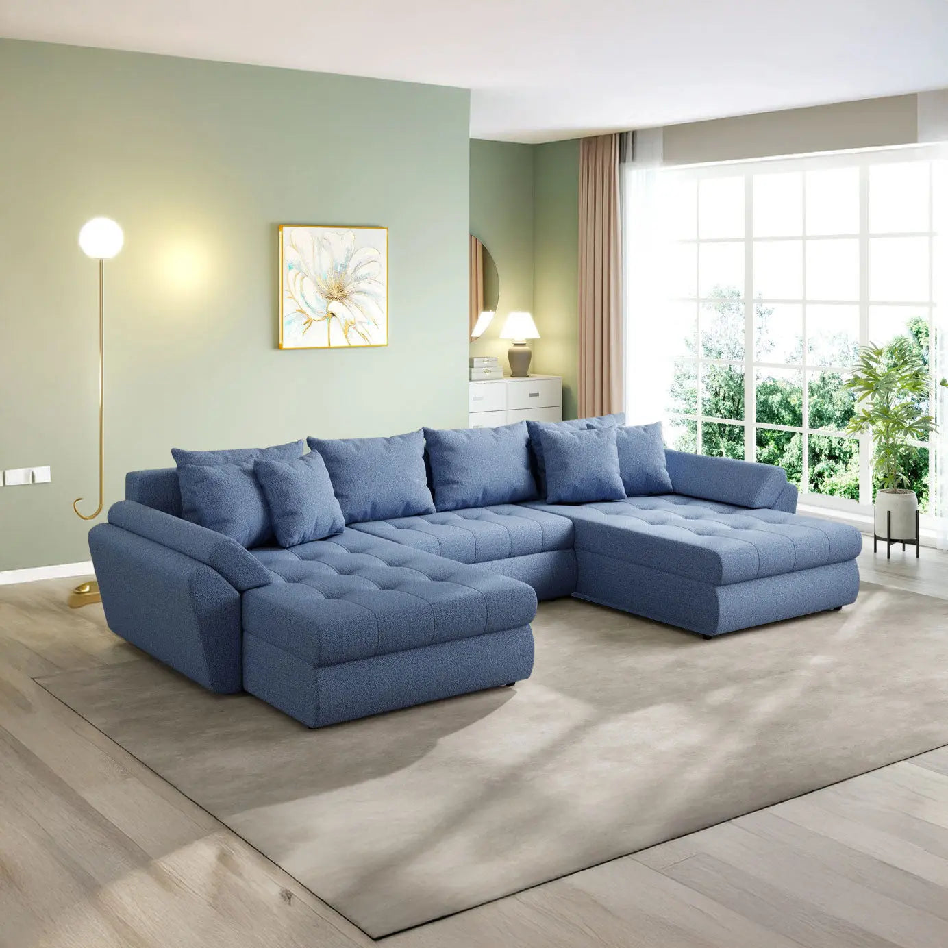 Colțar extensibil  dumonde cu ladă de depozitare si sezut confortabil din spuma HR, Loana U Enjoy Blue 355x185 cm Fabrica