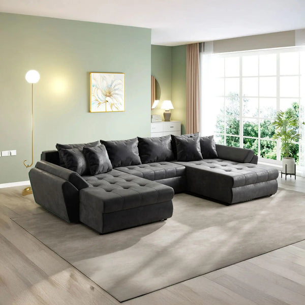Colțar extensibil dumonde cu ladă de depozitare si sezut confortabil din spuma HR, Loana U Dark Brown 355x185 cm Fabrica
