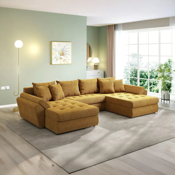 Colțar extensibil dumonde cu ladă de depozitare si sezut confortabil din spuma HR, Loana U Zoom Mustar 355x185 cm Fabrica